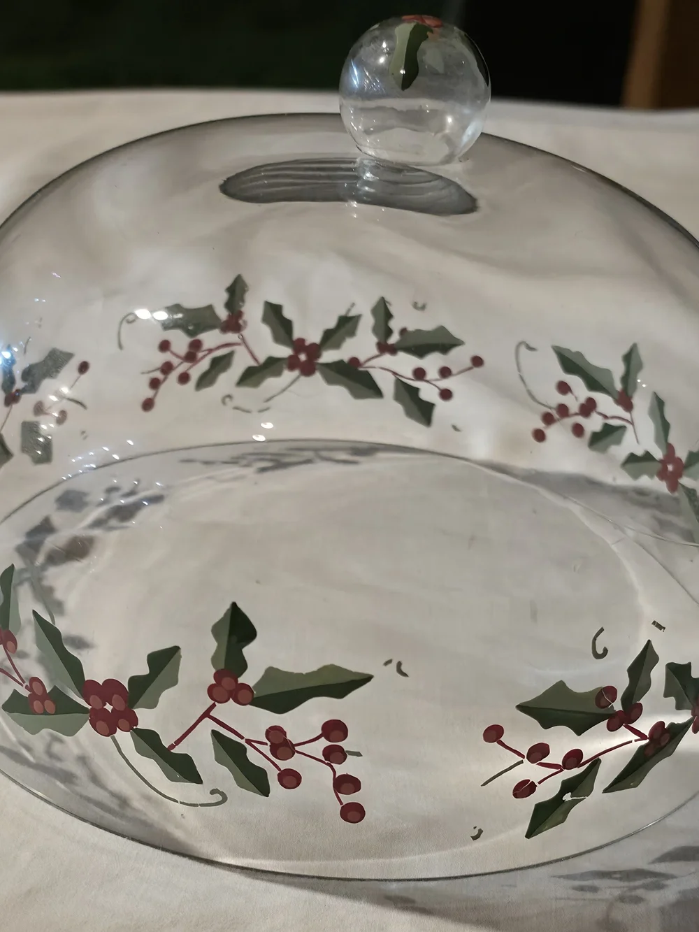 Glass Dome Cake Plate with Holly Berry Motif